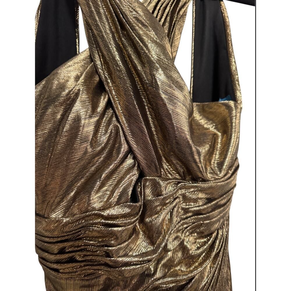 Mac Duggal Metallic Gold Halter Ruched High-Slit Mini Dress - Picture 5 of 7